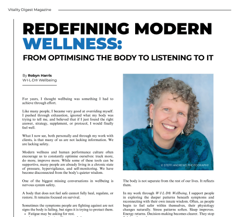 screenshot of Robyn's article in the June 2026 Vitality Digest magazine - Redefining Modern Wellness: From optimising the body to listening to it