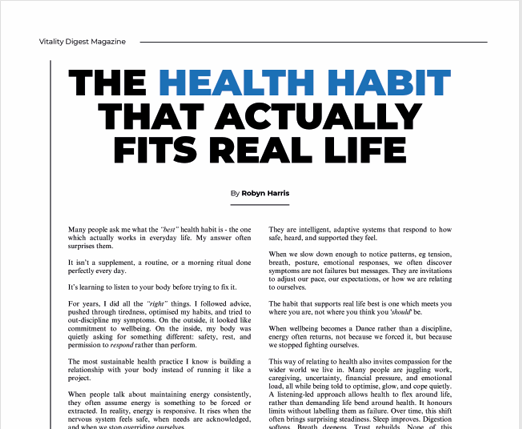 screenshot of Robyn's article in the March 2026 Vitality Digest magazine - The Health Habit that actually fits real life